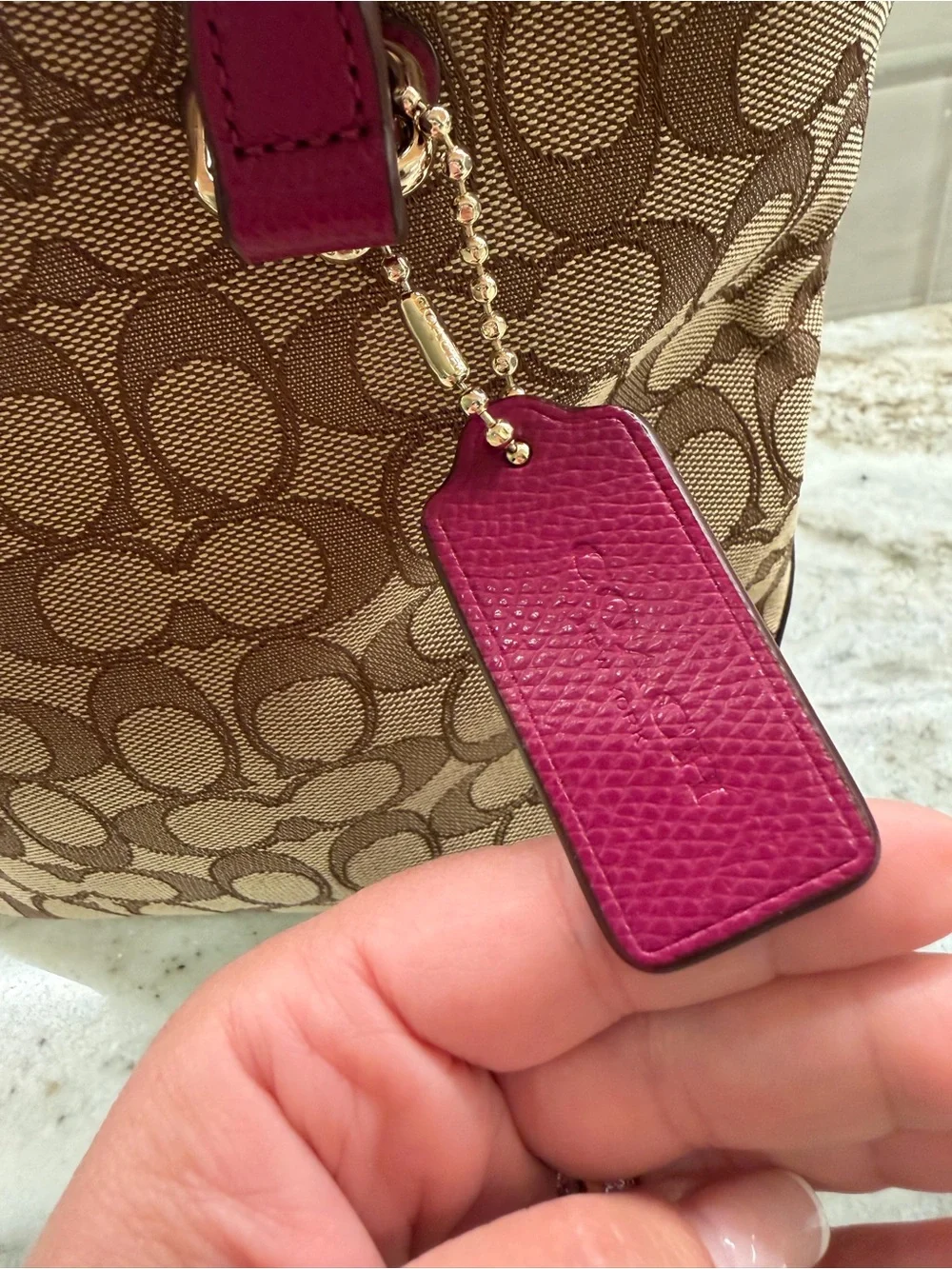 Coach Khaki Signature Canvas Tote with Berry Trim